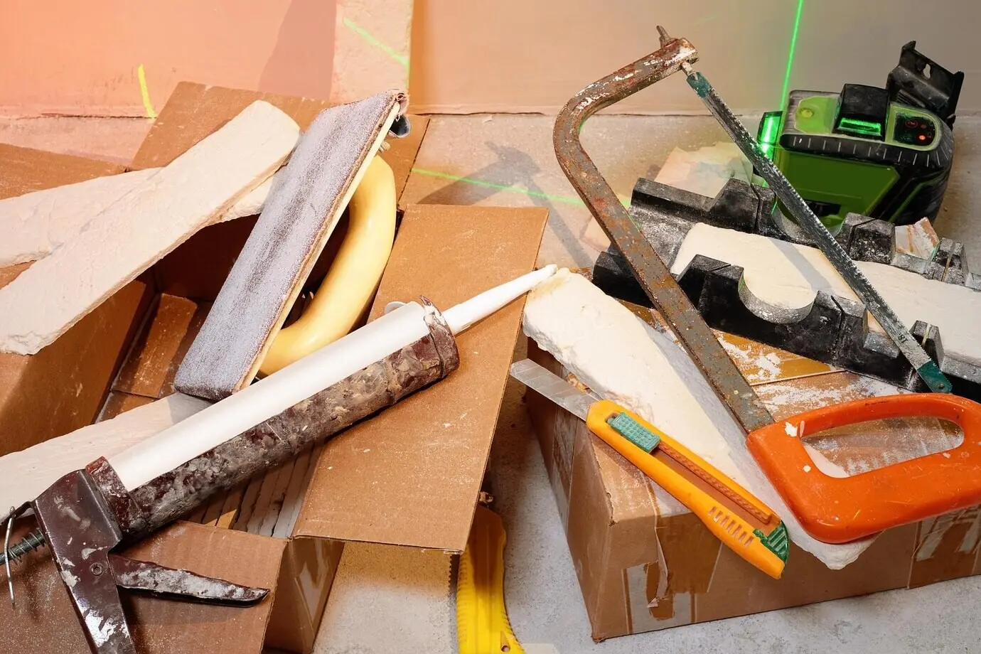 Flat lay of various work tools for repairing and installing tiles on a cement floor, illustrating the concept of construction and repair work.